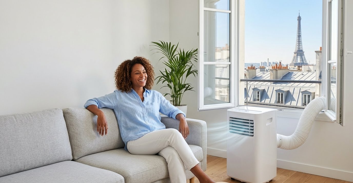 Femme détendue chez elle avec climatiseur mobile ClimNow, vue sur Paris
